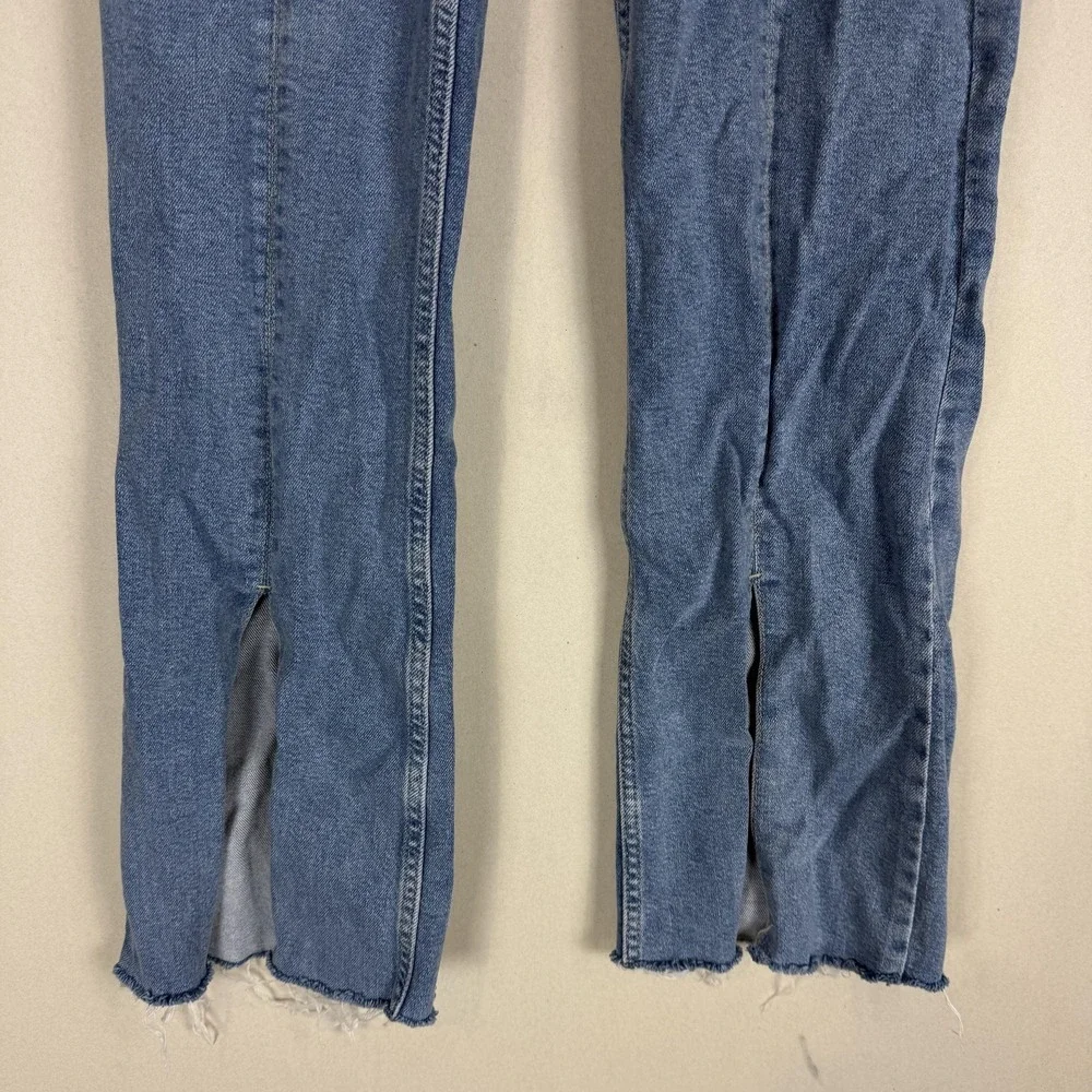Bershka Flare Jeans Womens 6 Blue Light Wash High Rise Split Hem Stretch Denim